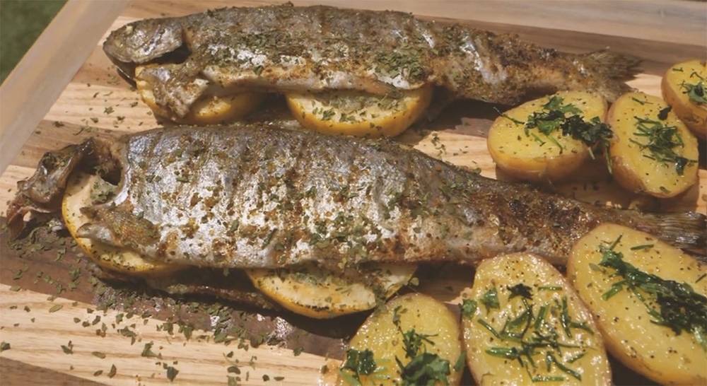 grillezett pisztráng snidlinges burgonyával recept okosgrill